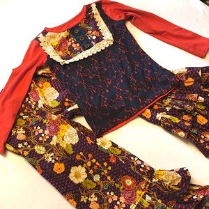 Persnickety jewel tone top and ruffle bell pants size 8.